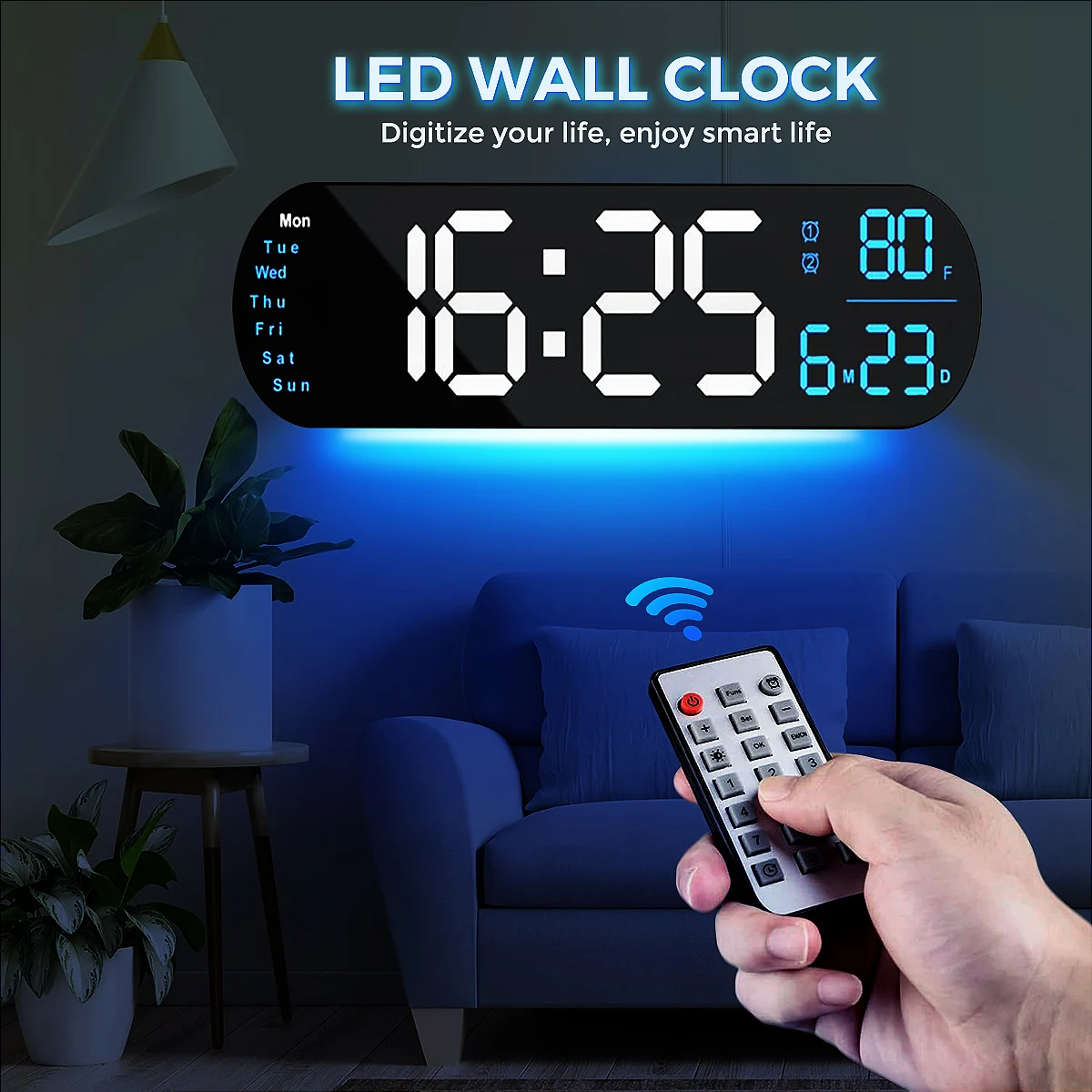 LUMOX Digital Clock mounted on wall showing blue LED display and green ambient underglow